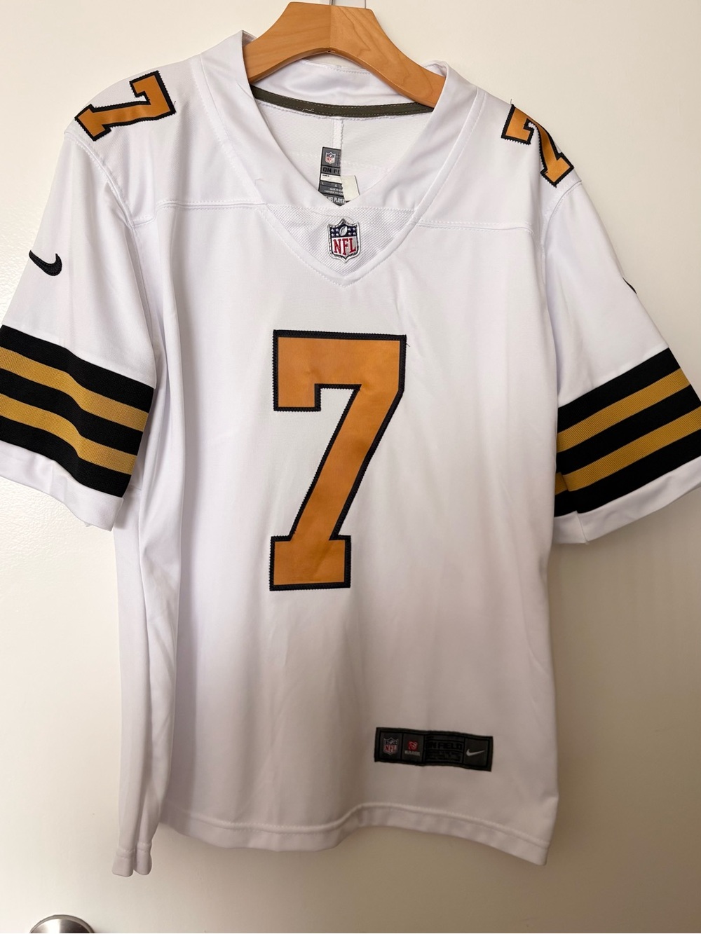 White NFL #7 Taysom Hill Football Jersey with Gold/Black